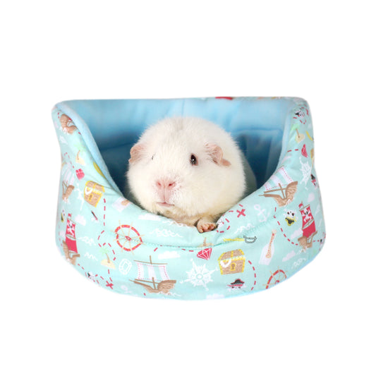 Blue Pirate Guinea Pig Bed, Front view with Guinea pig