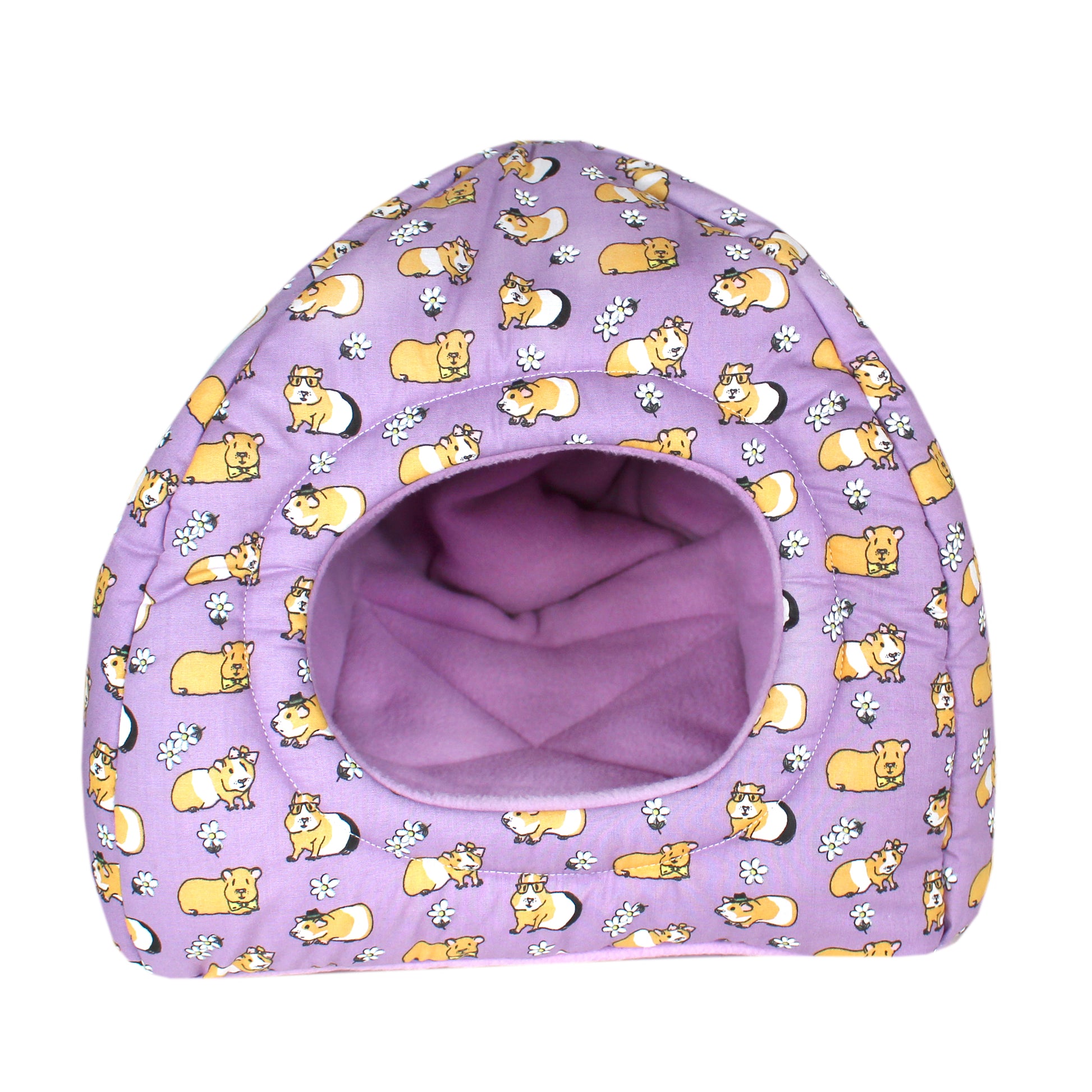 Purple Guinea Pig Pattern Hidey Hut, front view of the hidey house empty