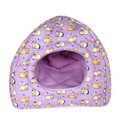 Purple Guinea Pig Pattern Hidey Hut, front view of the hidey house empty