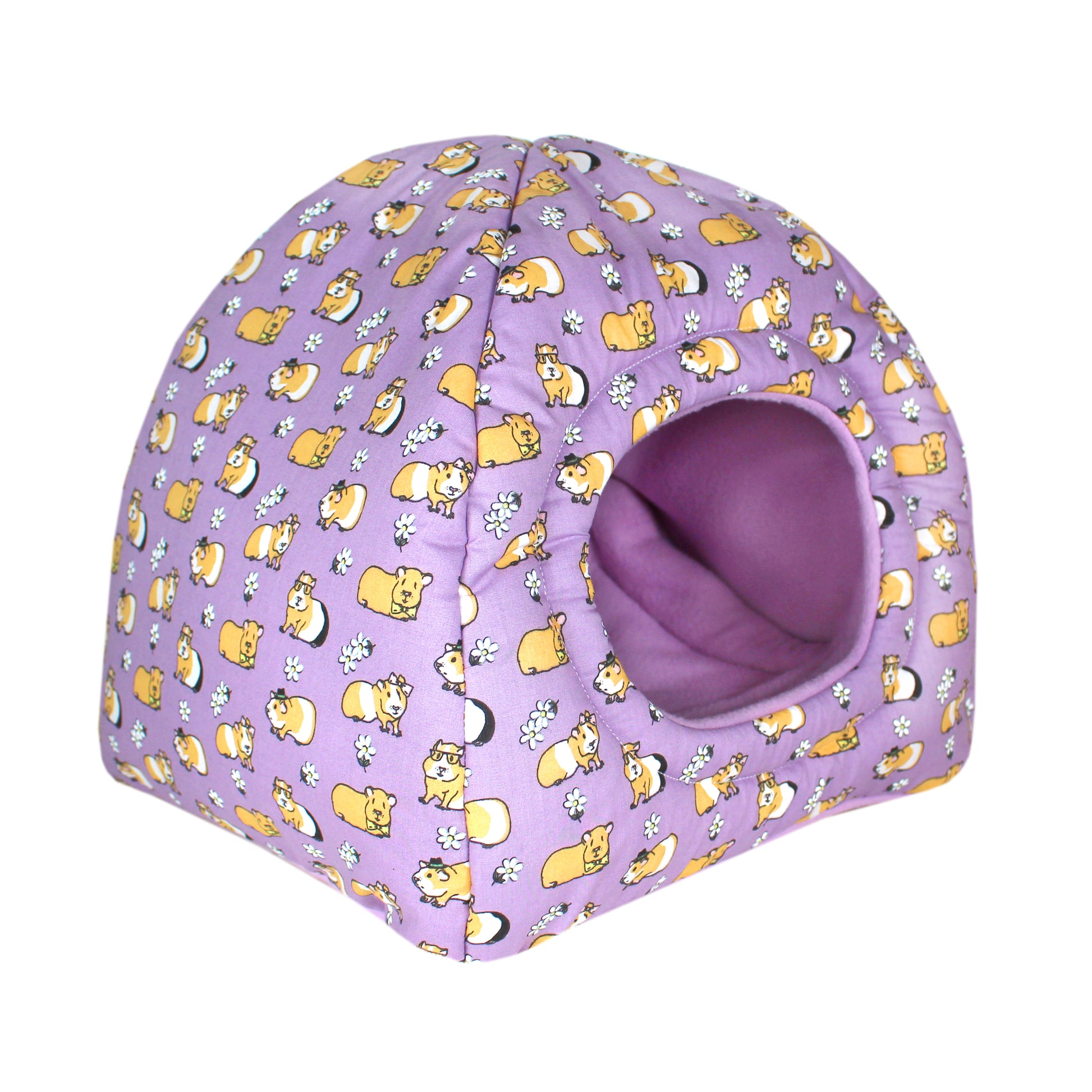 Purple Guinea Pig Pattern Hidey Hut, front side view of the hideout