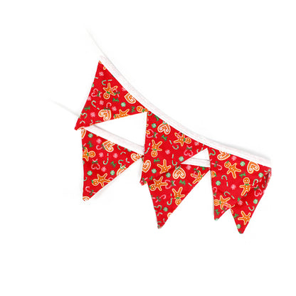 Red Christmas-themed bunting flags on a white background