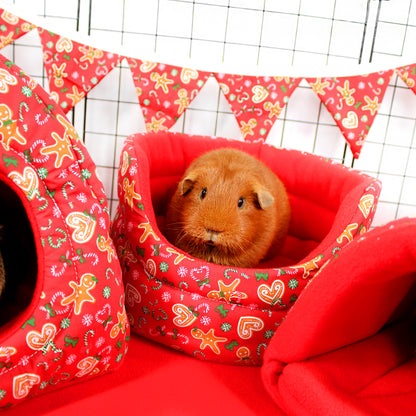 Guinea pig in a red patterned pet bed with festive decorations in the background