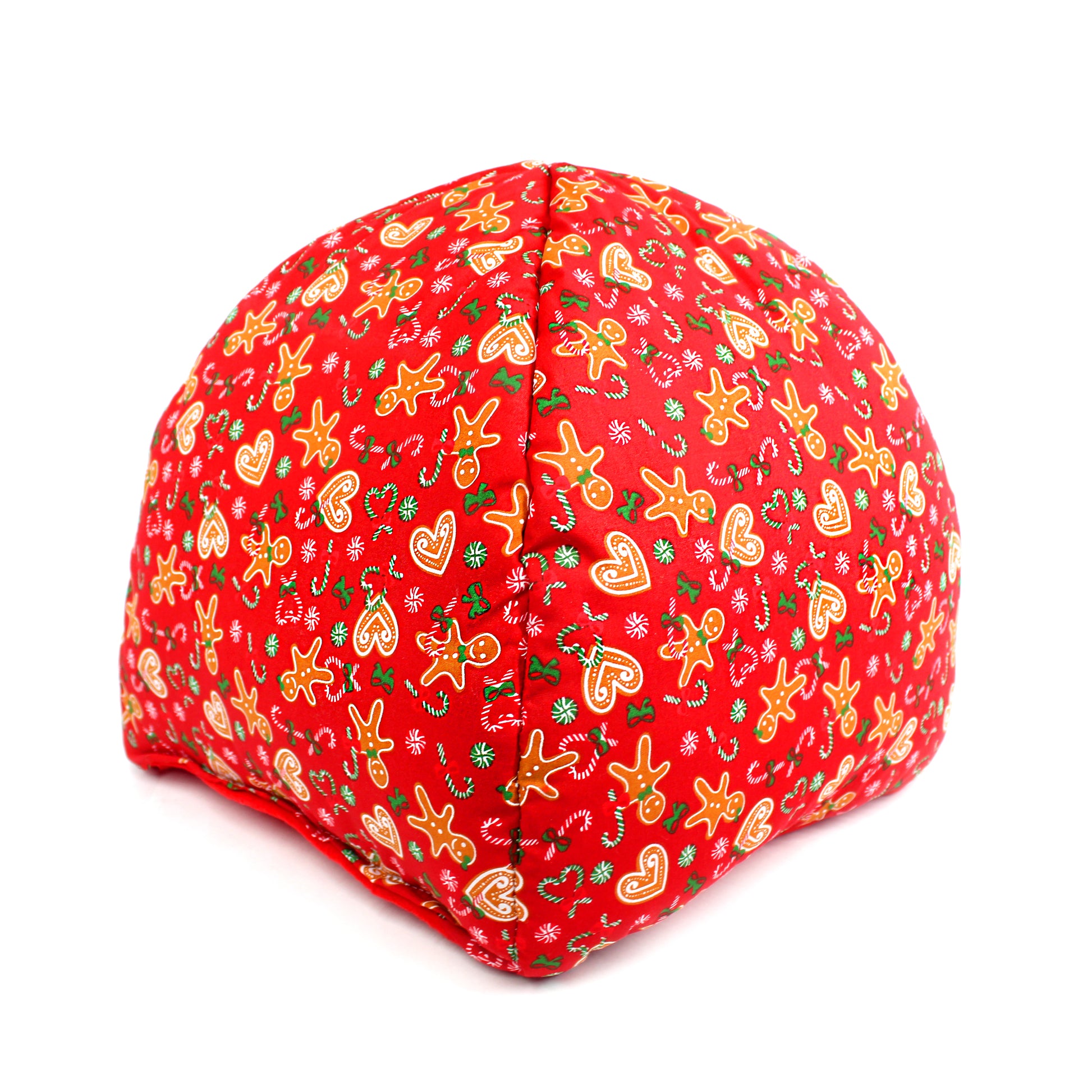 Red fabric block with Christmas-themed pattern on a white background