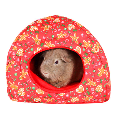 Red Gingerbread Guinea Pig Hidey House, front view with guinea pig