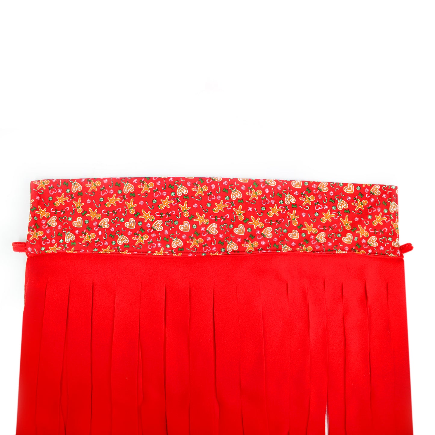 Red curtain with a patterned top section on a white background