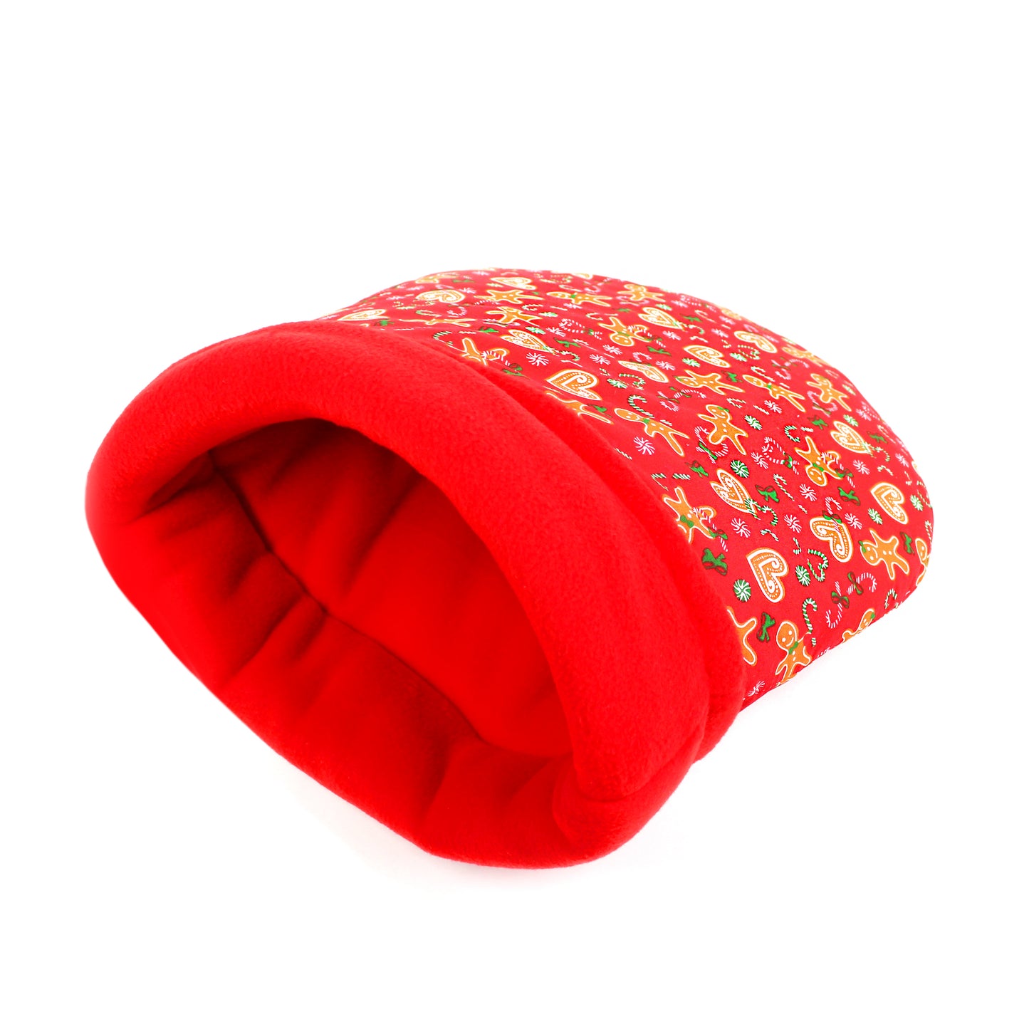 Red pet bed with a patterned top on a white background