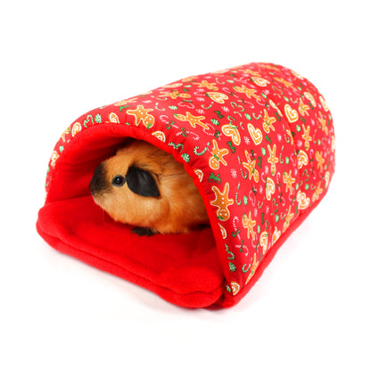 Small animal peeking out from a red patterned tunnel on a white background