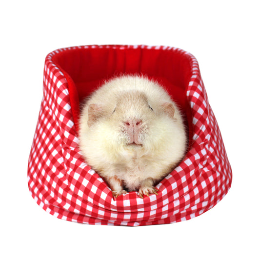 Red Gingham Cuddle Cup Bed, front view of the cuddle cup with happy guinea pig inside