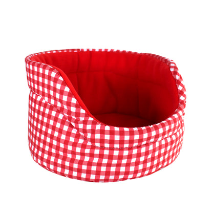 Red Gingham Cuddle Cup Bed, front side view of the bed for guinea pigs