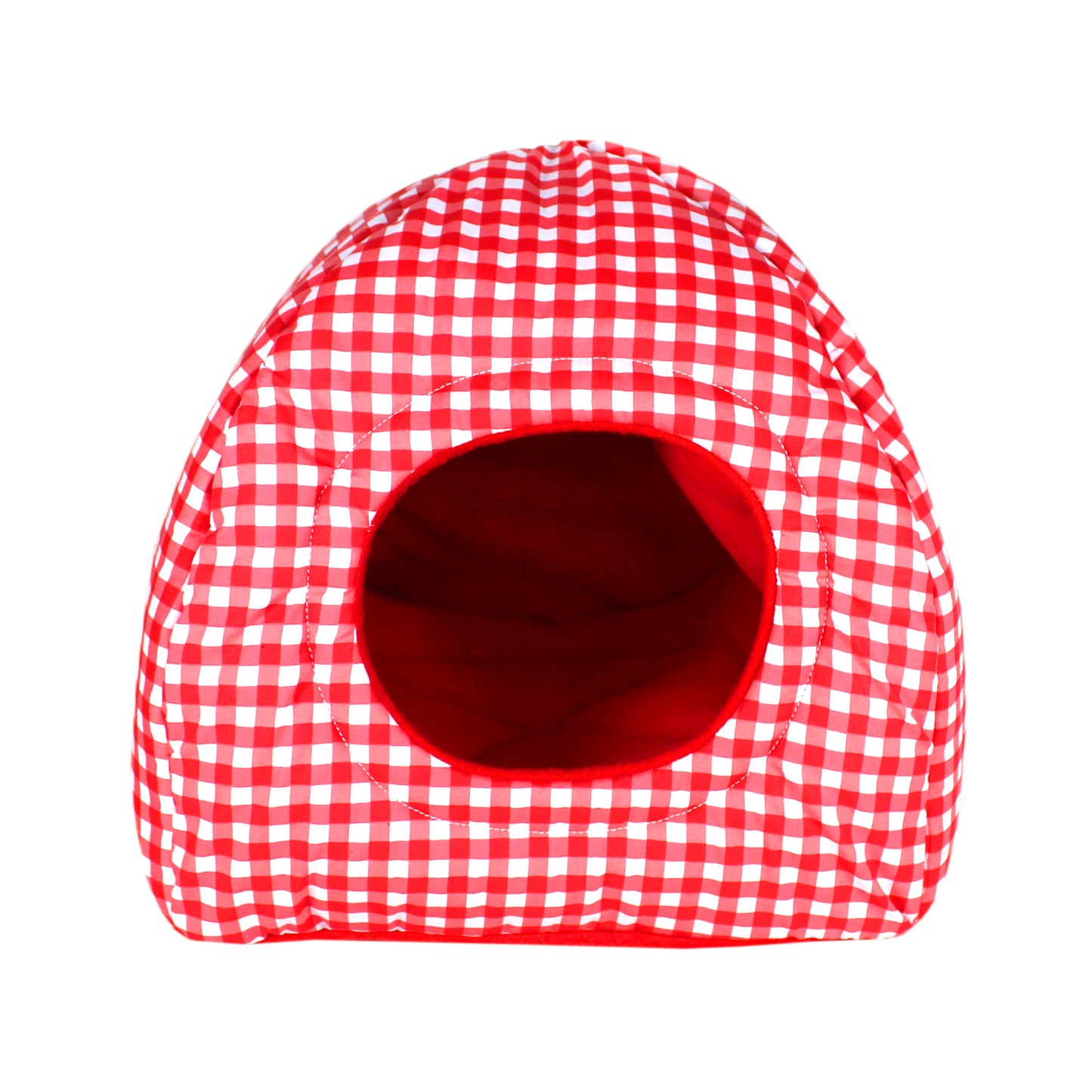 Red Gingham Hidey House, front view of he hidey house for guinea pigs showing the plush red anti pill fleece inner