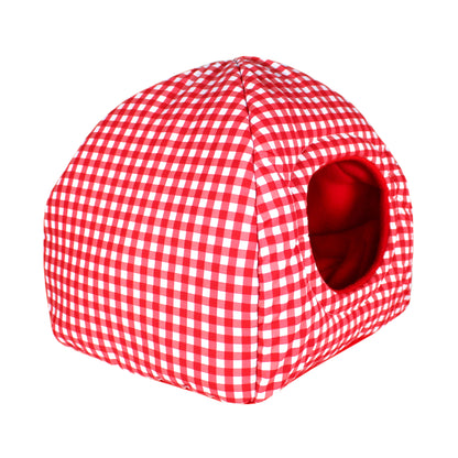 Red Gingham Hidey House, front side view of the guinea pig hide