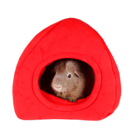 Red Fleece Guinea Pig Hidey Hut, front view with guinea pig