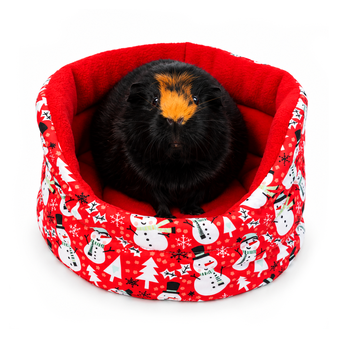 Red snowman Christmas cuddle cup bed for guinea pigs with red anti-pill fleece lining and a festive cotton outer featuring snowmen, snowflakes and Christmas trees, modelled by Olive