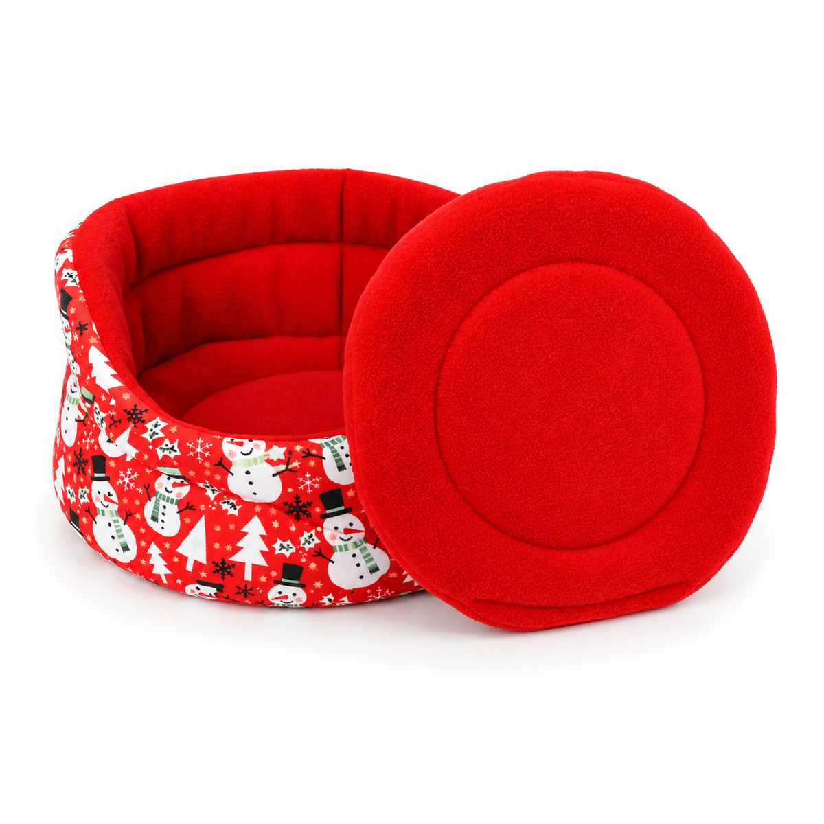 Red snowman print guinea pig cuddle cup with matching red fleece lining and a removable red absorbent pee pad