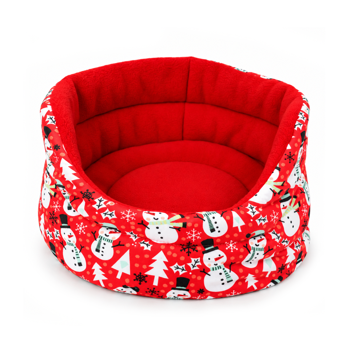 Front view of a handmade red snowman Christmas cuddle cup bed for guinea pigs with a bright red fleece interior