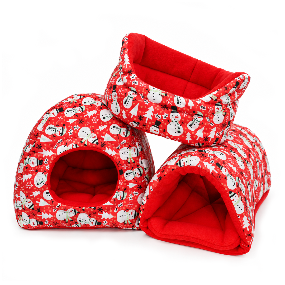Red snowman Christmas guinea pig accessory bundle featuring a matching cuddle cup, hidey house and squish tunnel, all made with festive red snowman-print cotton outers and soft red anti-pill fleece linings.