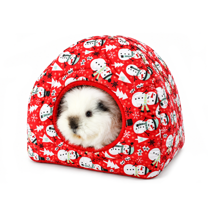 Red snowman Christmas hidey house for guinea pigs with red cotton outer, red anti-pill fleece lining and a fluffy white guinea pig peeking through the entrance
