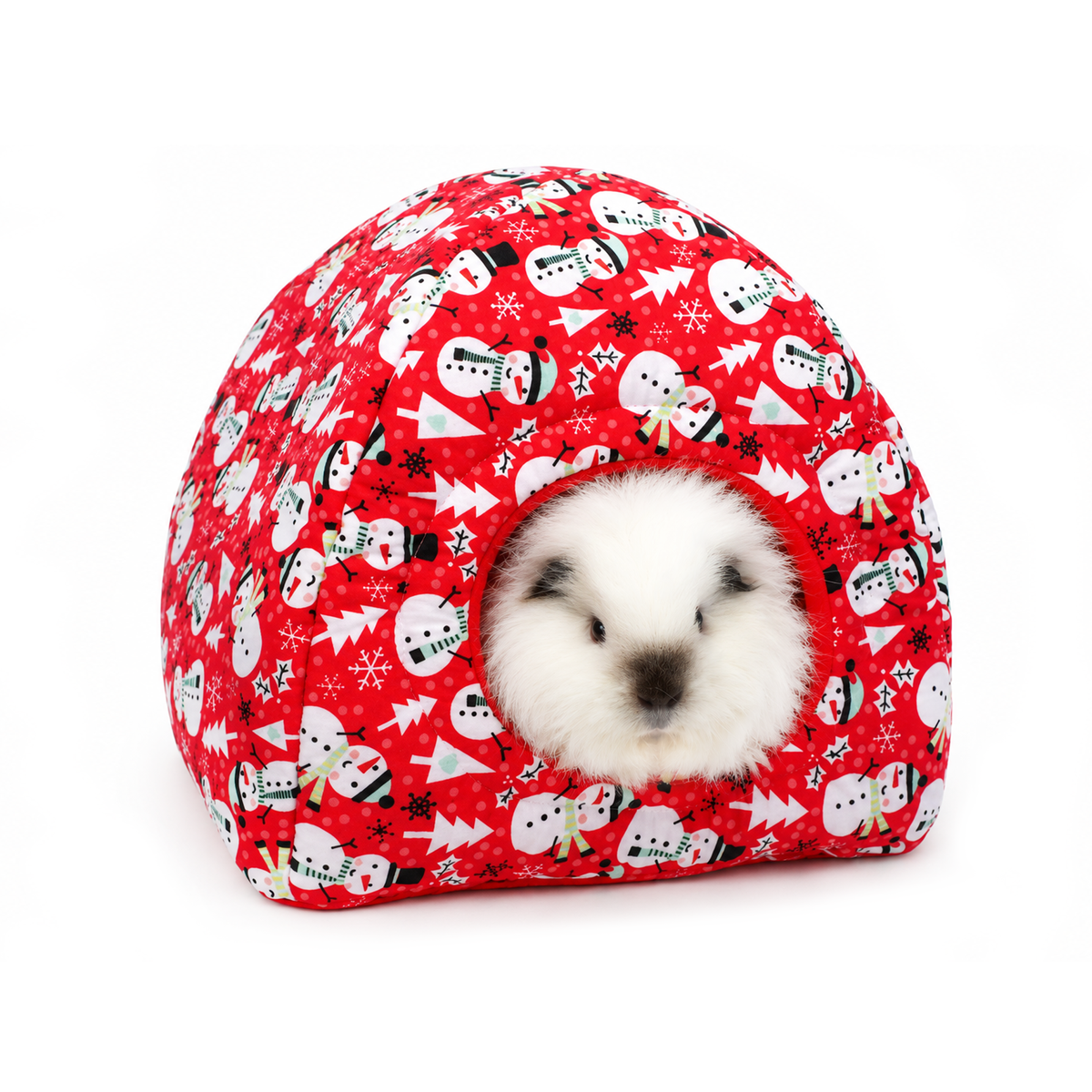 Front view of a handmade red snowman hidey house for guinea pigs featuring festive cotton fabric and a matching red fleece interior