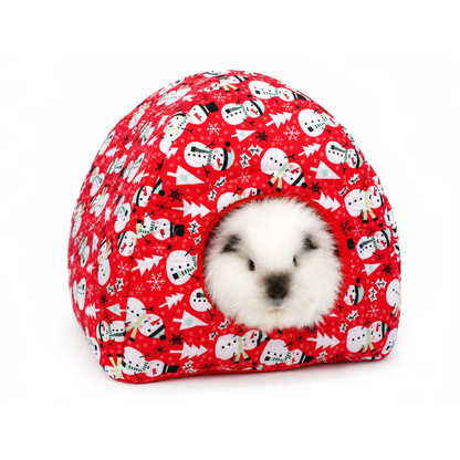 Front view of a handmade red snowman hidey house for guinea pigs featuring festive cotton fabric and a matching red fleece interior