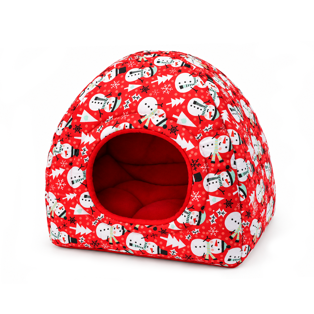 Red Christmas guinea pig hidey house with a round entrance, snowman and snowflake print, and red fleece lining