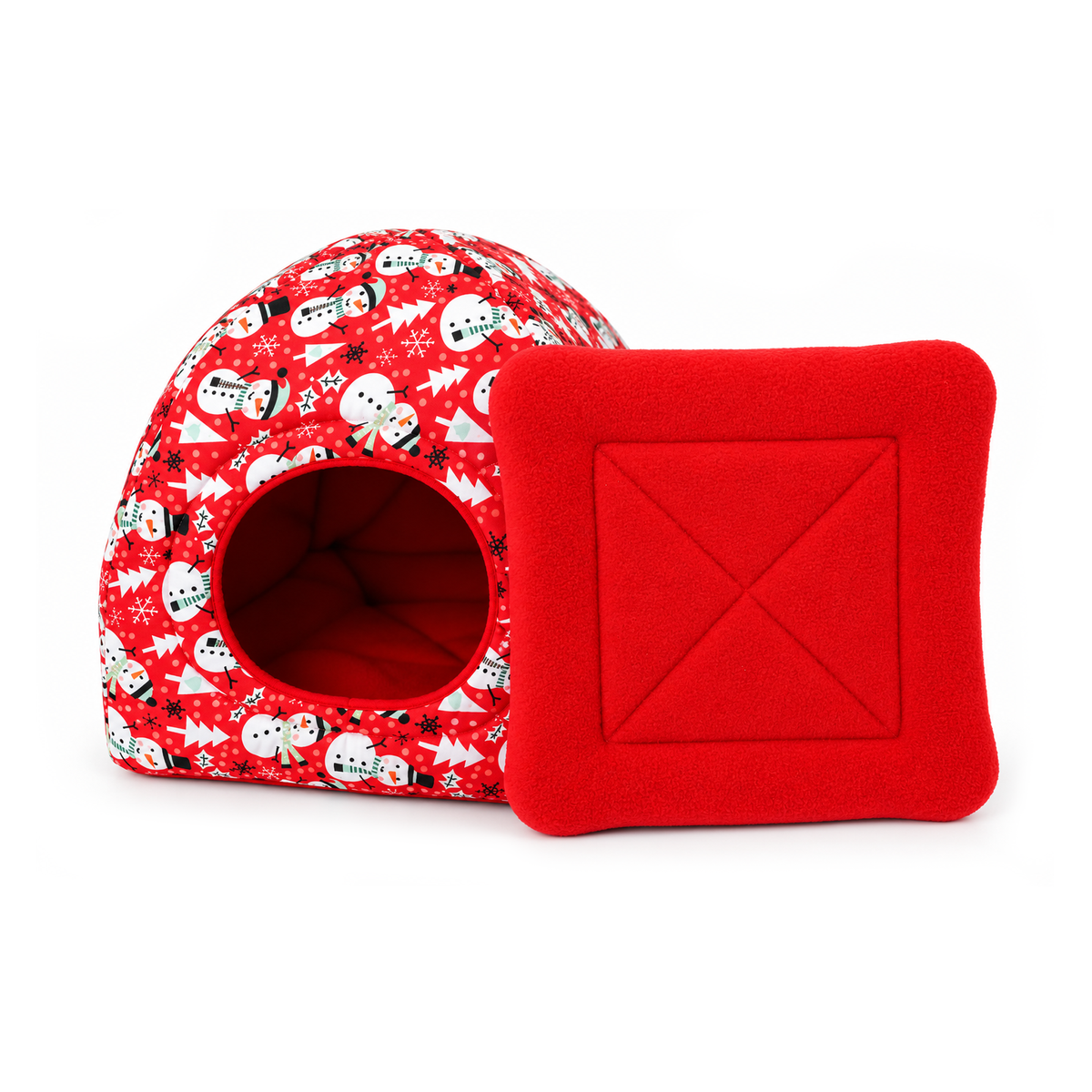 Red snowman print guinea pig hidey house with a matching red removable absorbent pee pad displayed beside it