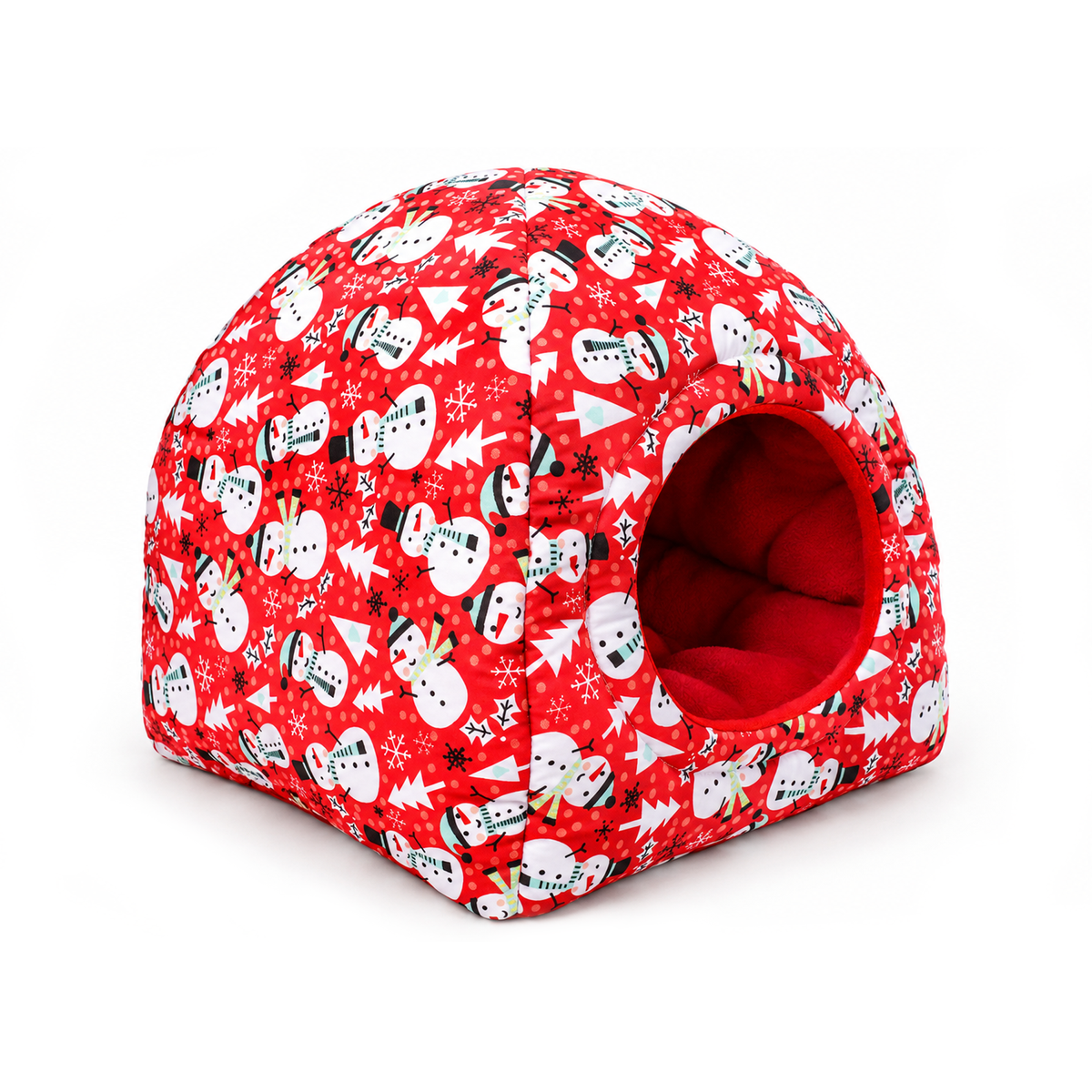 Side view of a padded red snowman Christmas hidey house for guinea pigs with a festive cotton outer