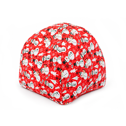 Rear view of a handmade red snowman guinea pig hidey house showing the festive red cotton print