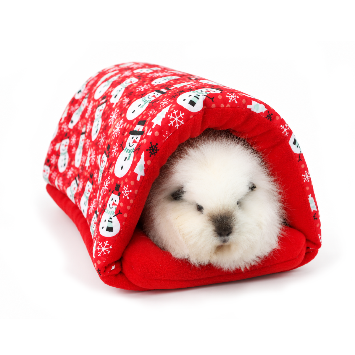 White fluffy guinea pig inside a red snowman print squish tunnel with a soft red fleece interior
