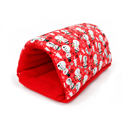 Red Christmas squish tunnel for guinea pigs featuring a festive snowman cotton outer and bright red fleece lining
