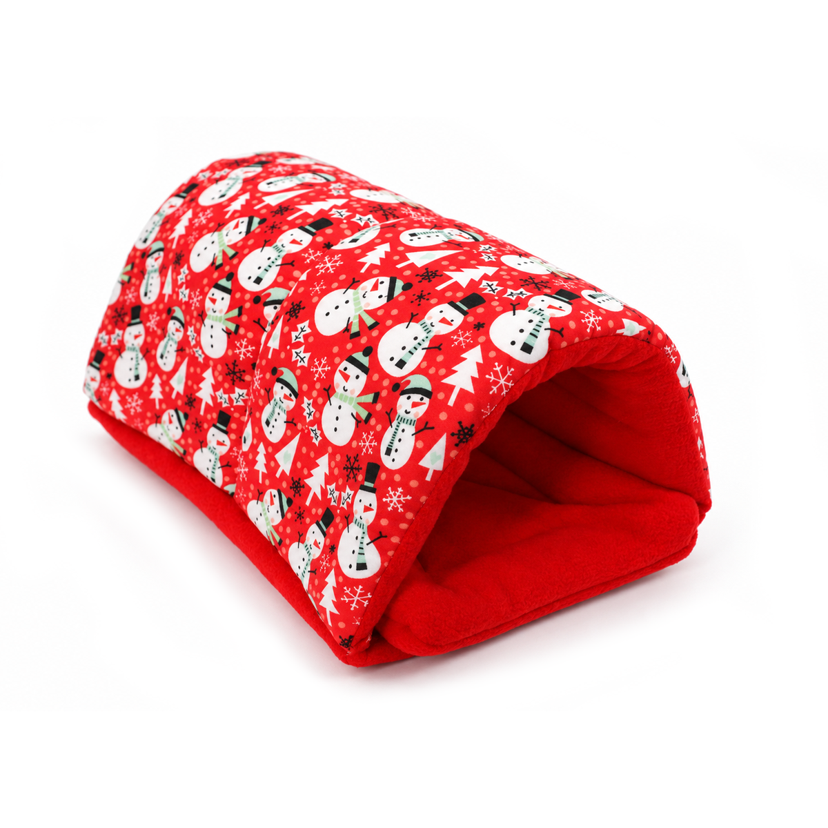 Angled view of a handmade red snowman squish tunnel with a cosy red fleece-lined entrance