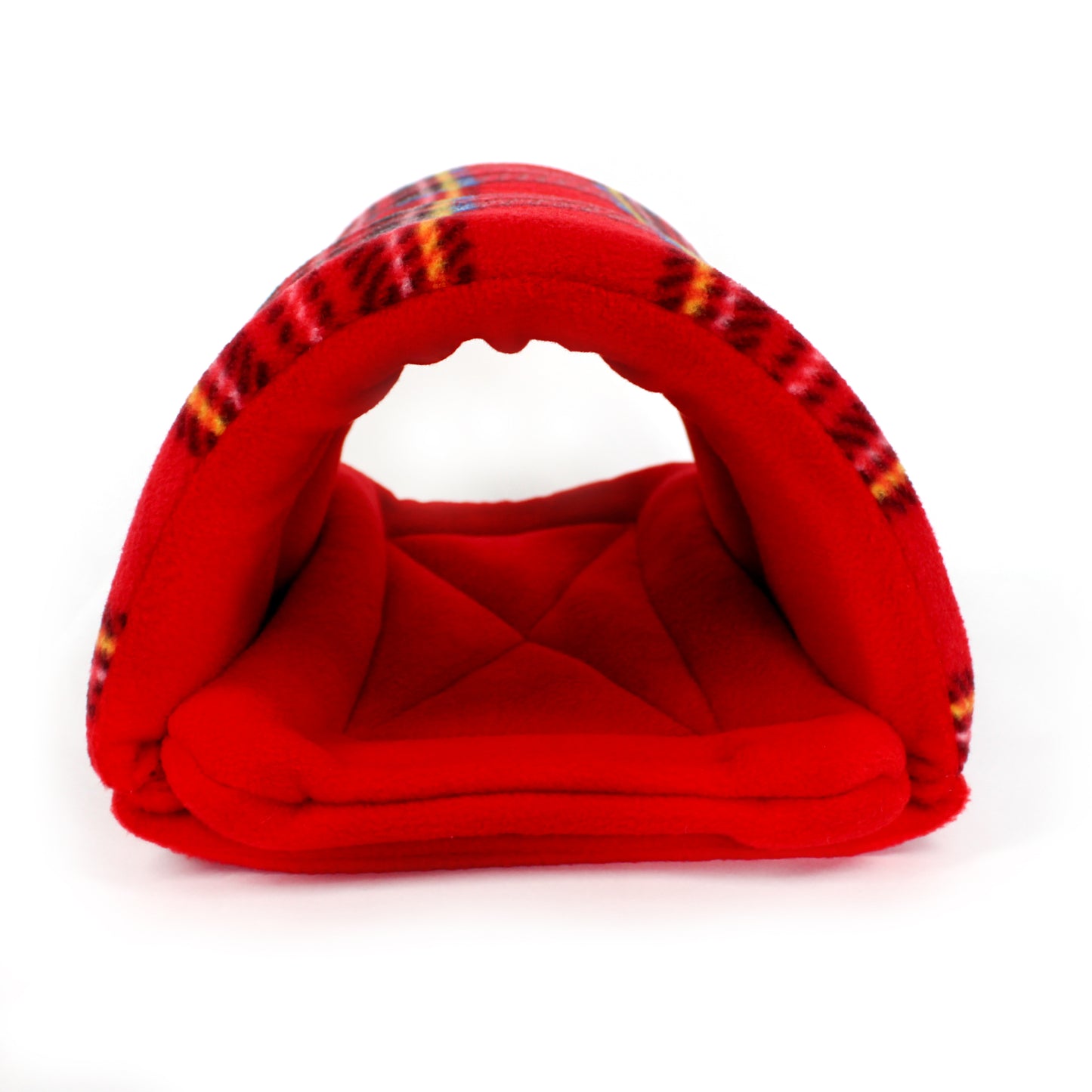 Red pet bed with patterned border on a white background