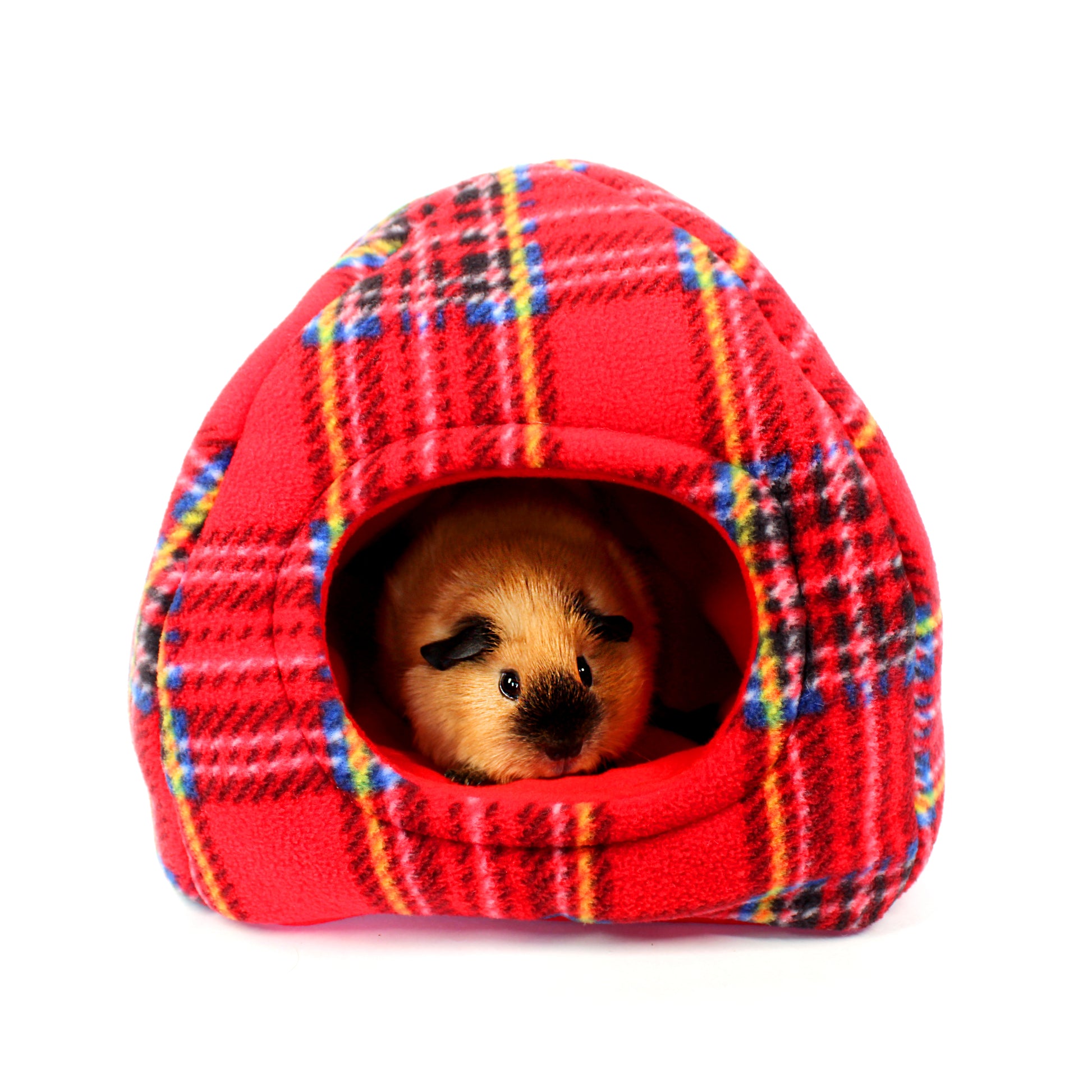 Small animal peeking out from a red plaid pet bed on a white background