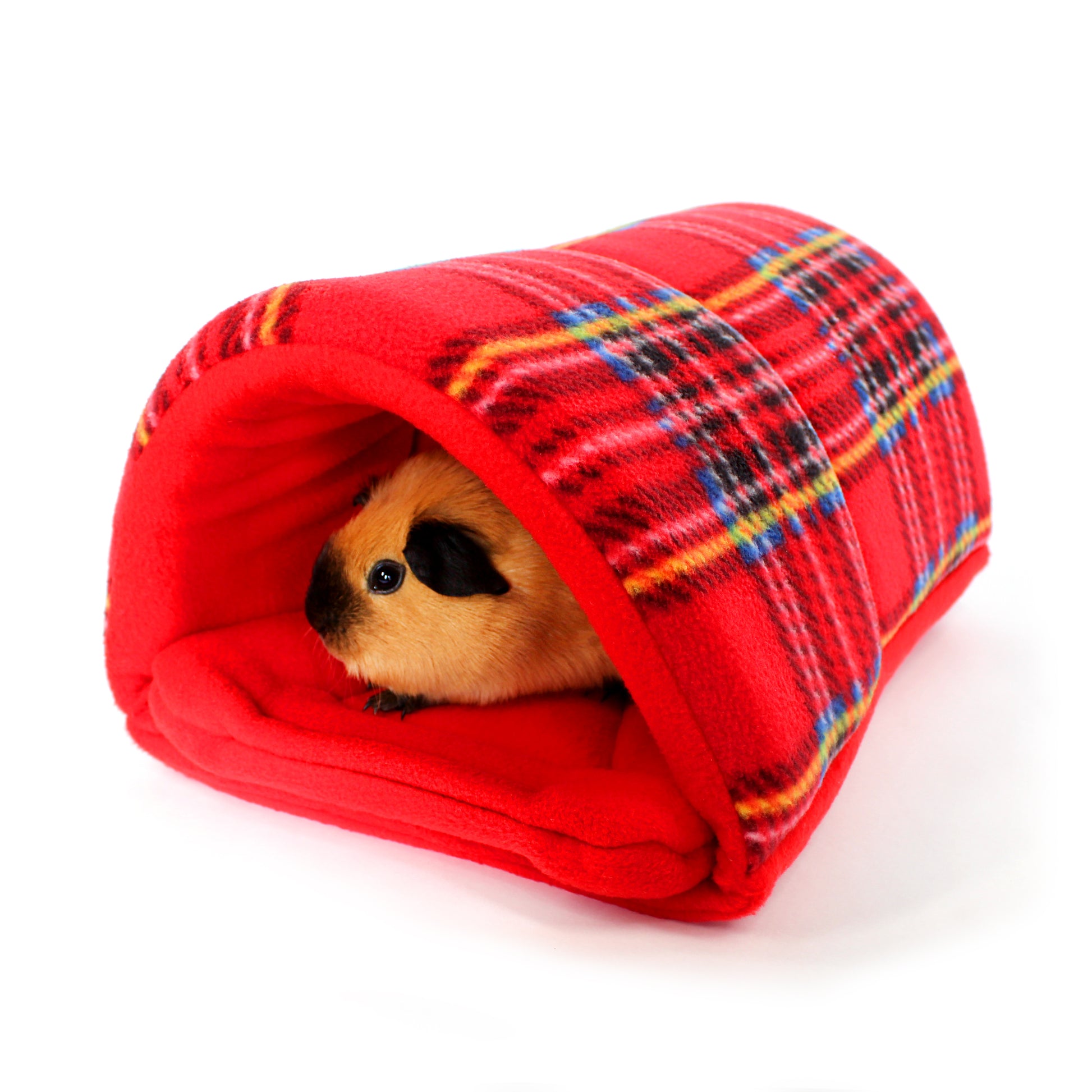 Small animal peeking out from a red plaid pet cave on a white background