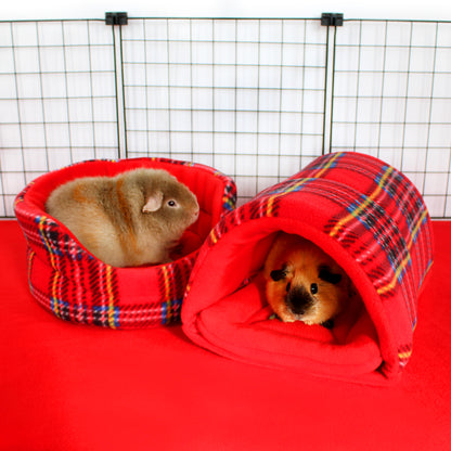 Two guinea pigs in red plaid pet houses on a red surface with a wire cage background.