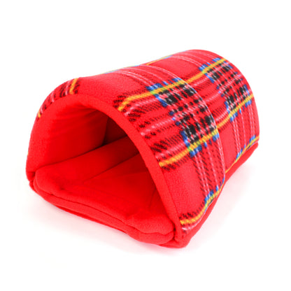 Red pet bed with plaid pattern on a white background