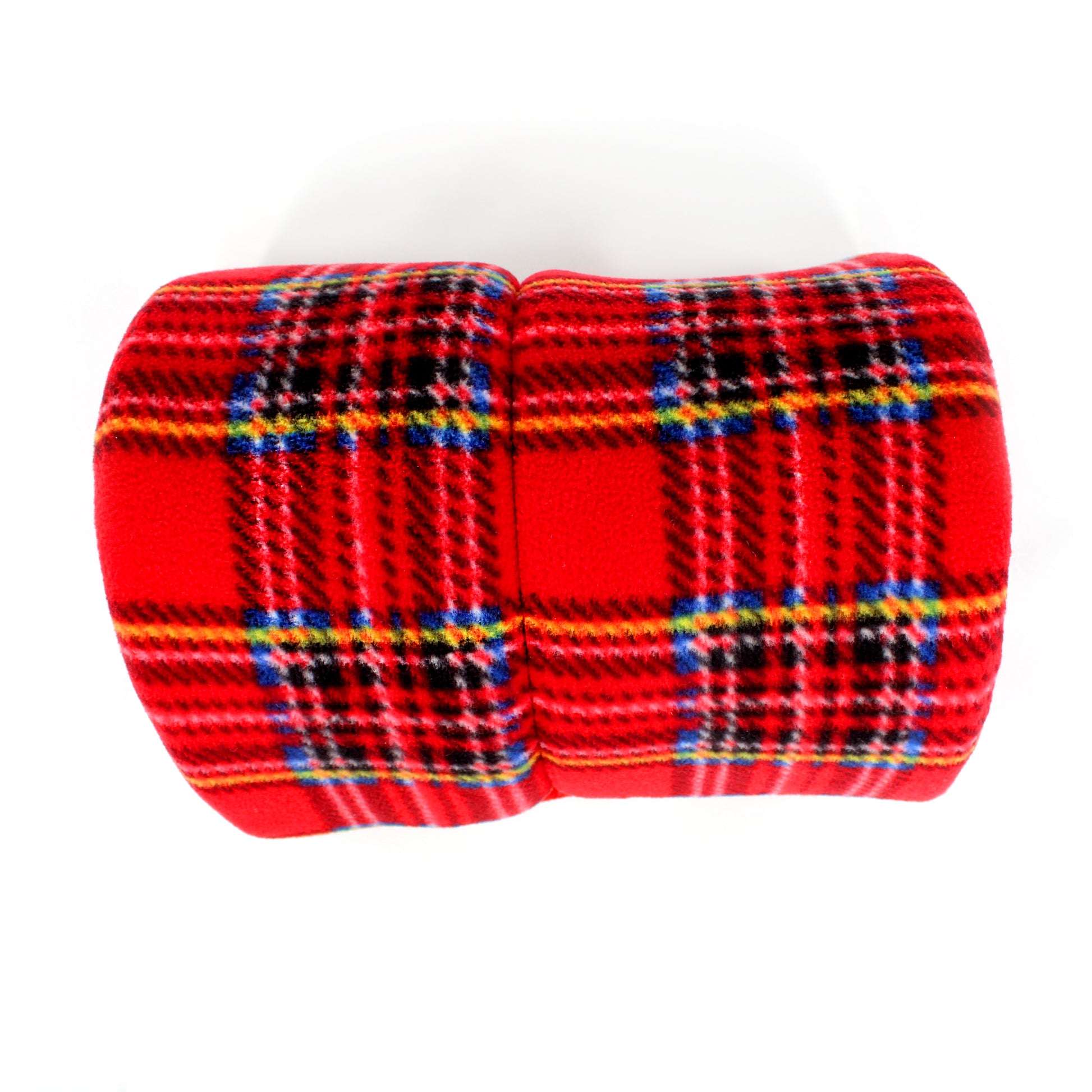 Red plaid fabric roll on a white background