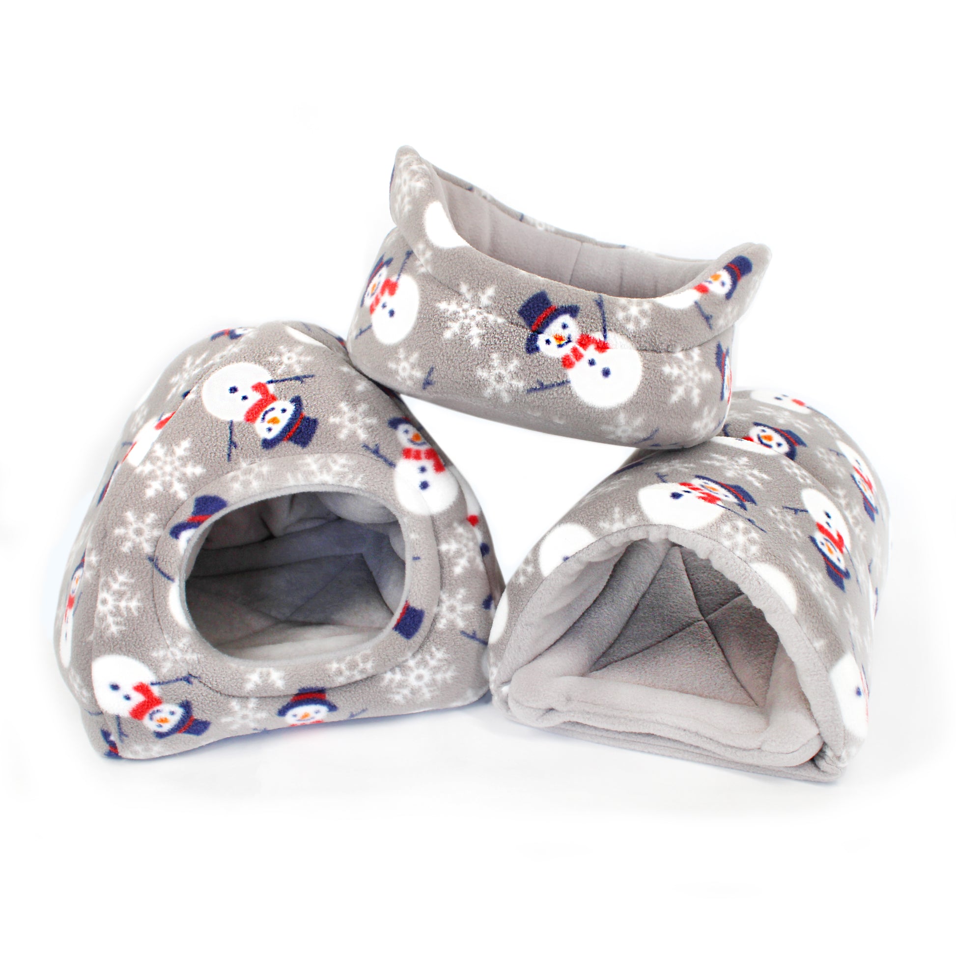 Two pet beds with snowman pattern on a white background