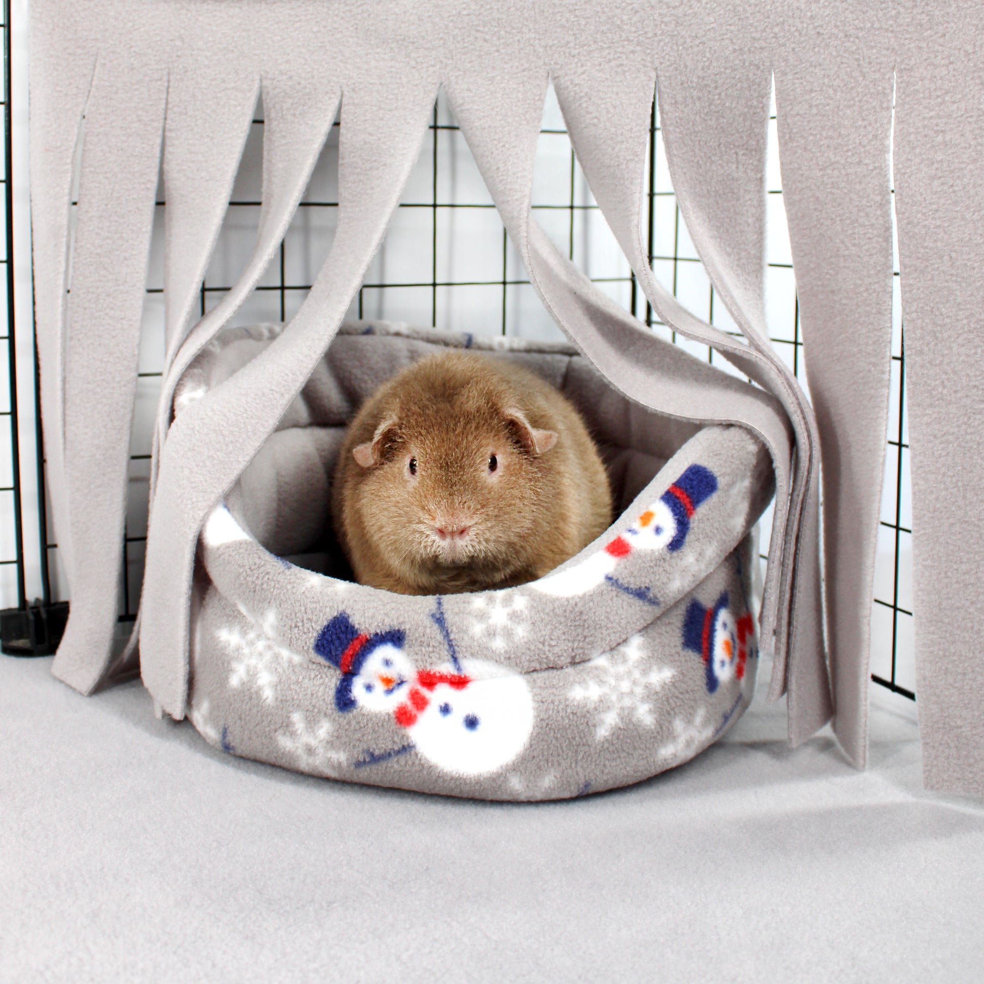 Guinea pig inside a cozy gray pet bed with snowman design on a light background