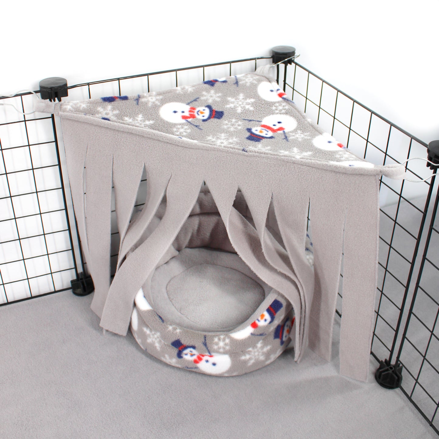 Pet playpen with a fabric cover featuring snowmen designs on a white background.