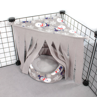 Pet playpen with a fabric cover featuring snowmen designs on a white background.