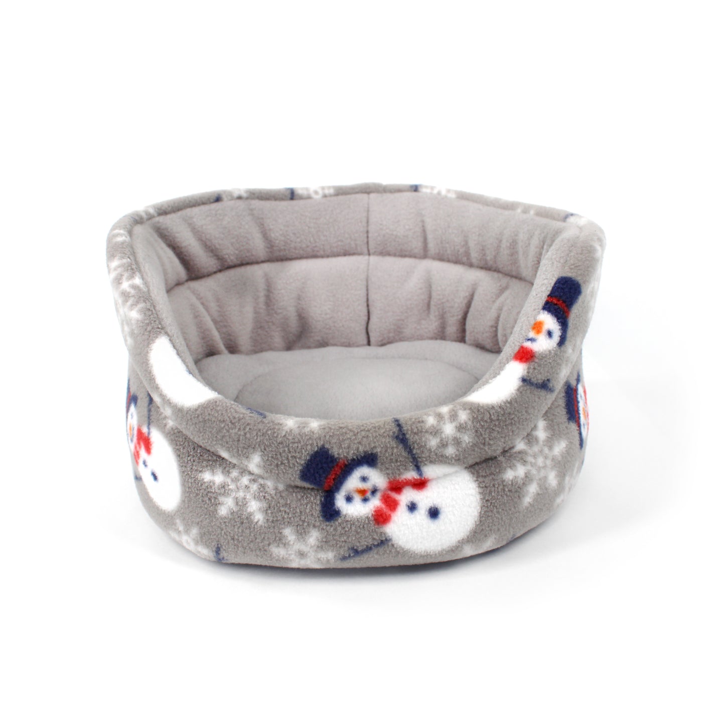 Gray pet bed with snowman pattern on a white background