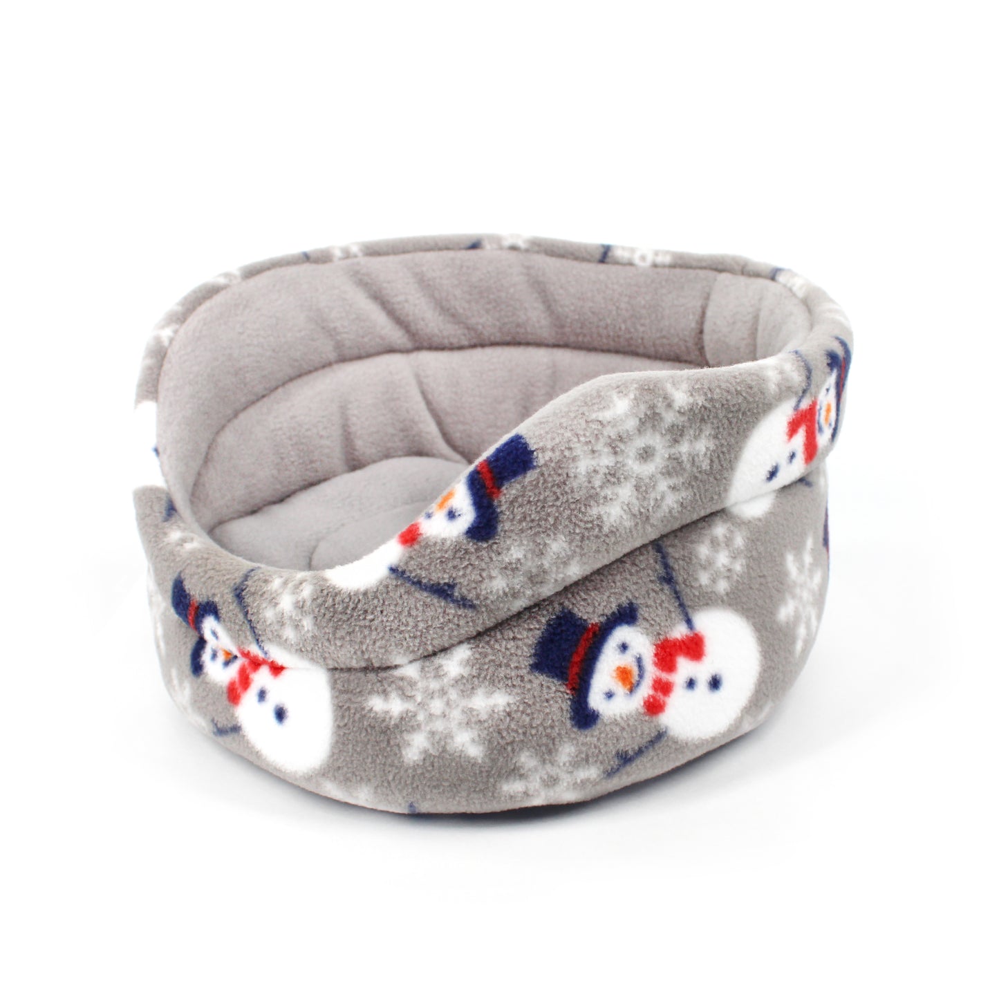 Gray pet bed with snowman pattern on a white background