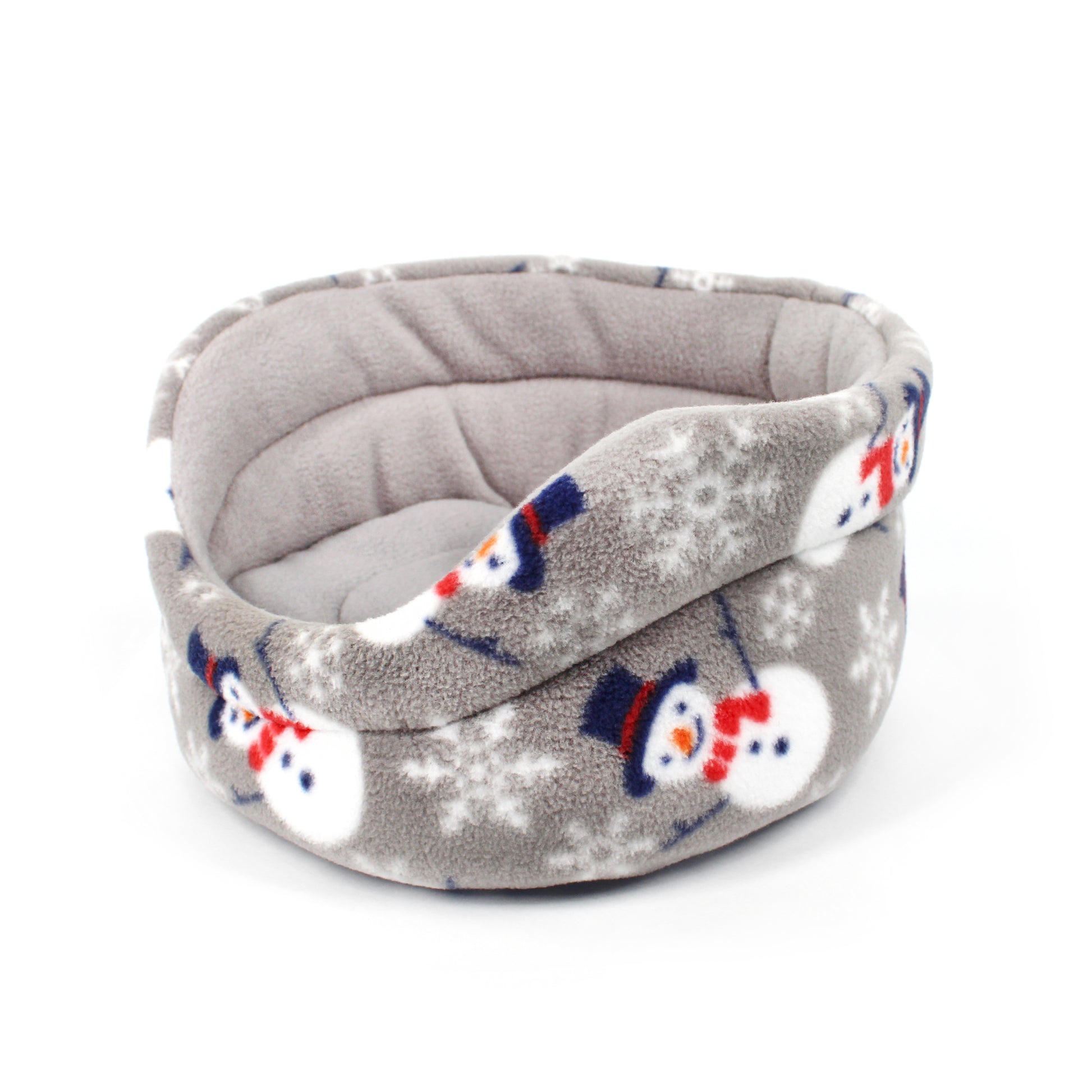 Gray pet bed with snowman pattern on a white background