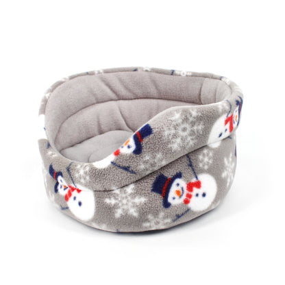 Gray pet bed with snowman pattern on a white background