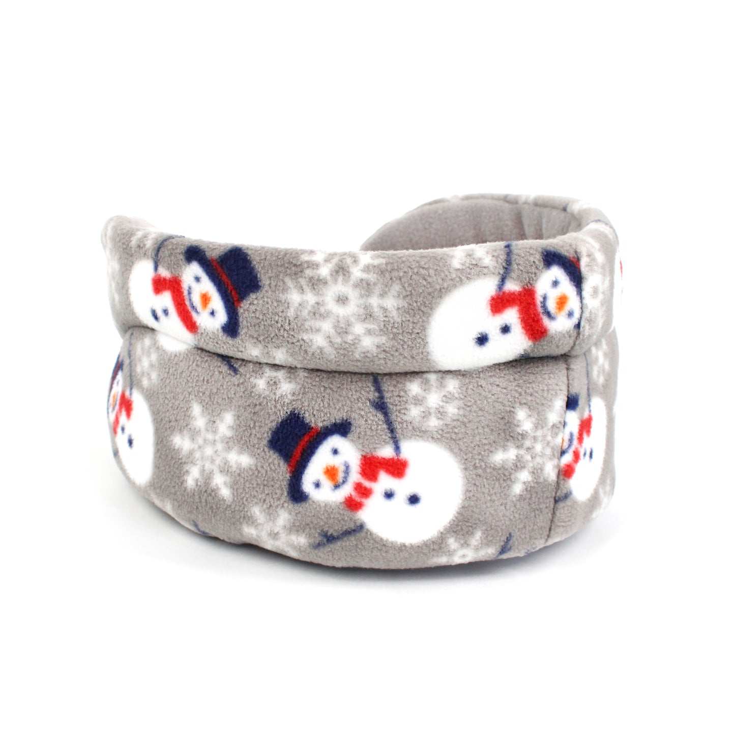 Gray pet bed with snowman pattern on a white background