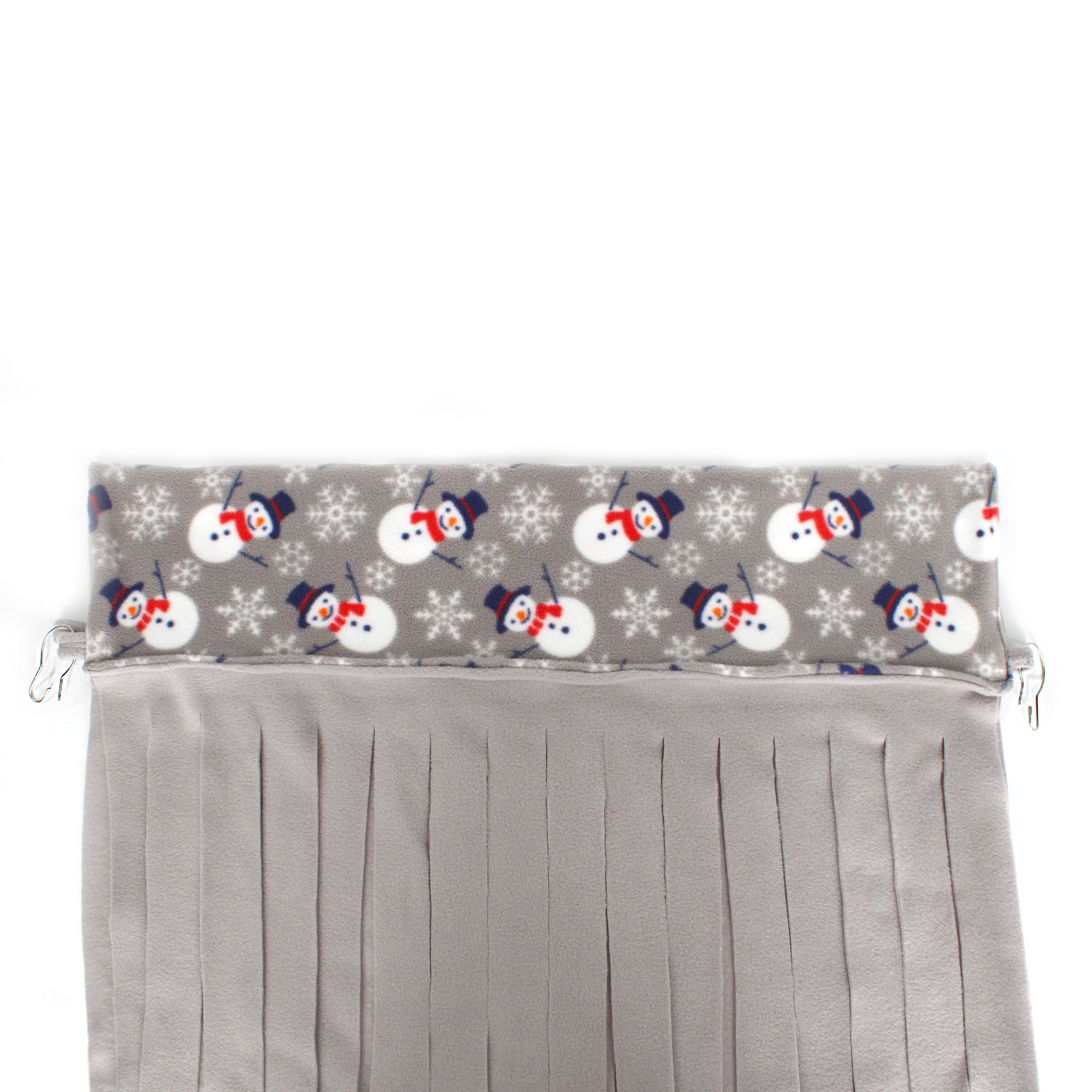 Gray pleated curtain with snowman pattern on top