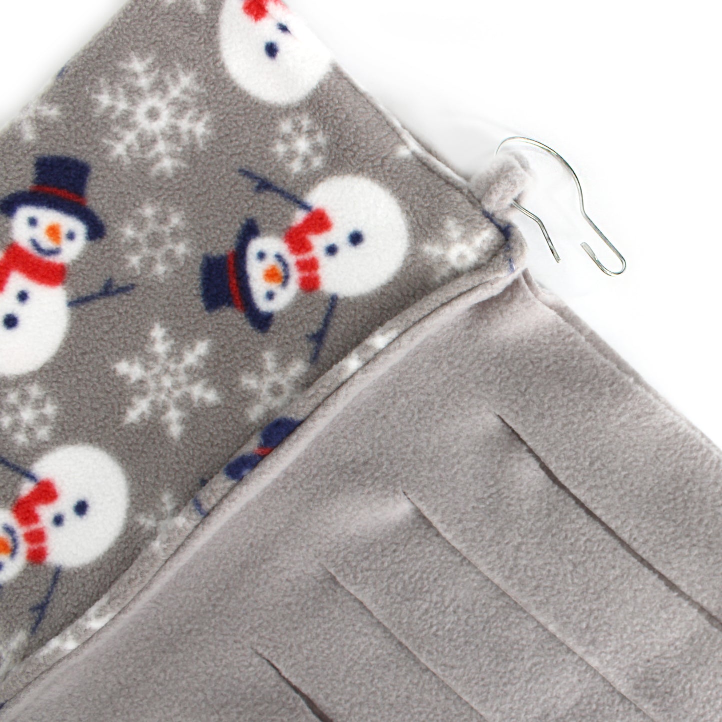 Gray fabric with snowman pattern and a zipper, on a white background