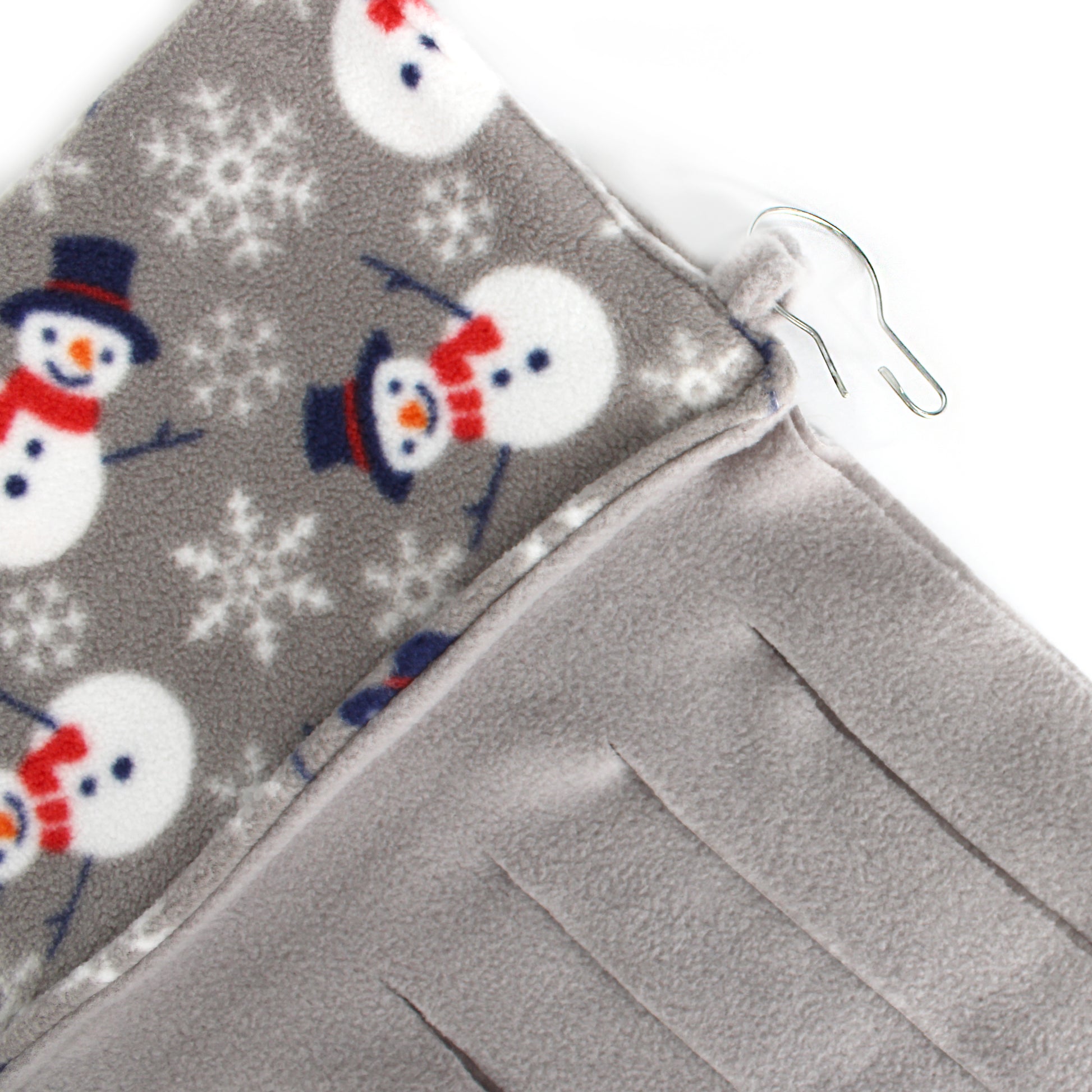 Gray fabric with snowman pattern and a zipper, on a white background
