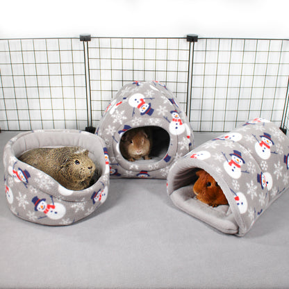 Three gray pet houses with snowman pattern on a white background