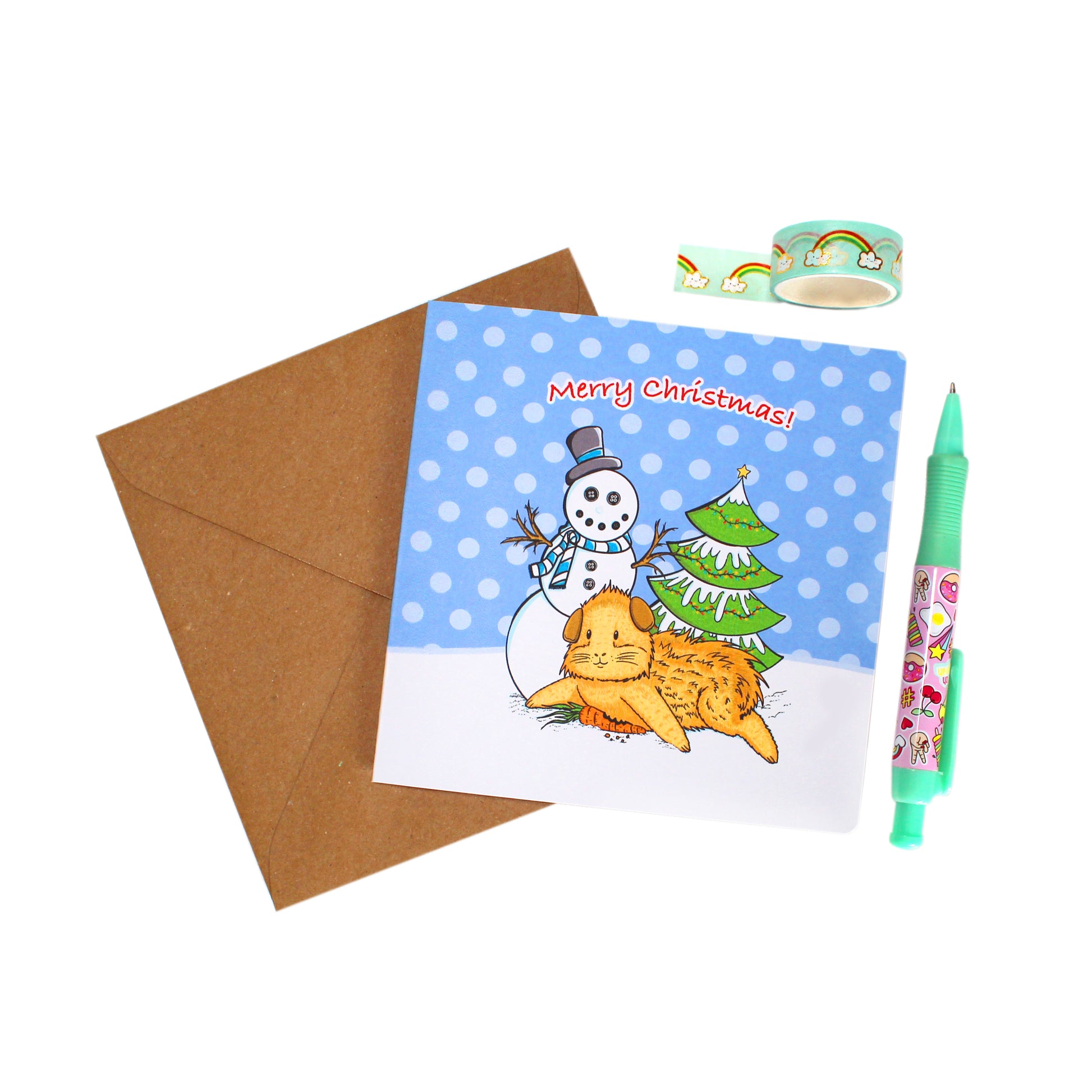 Guinea Pig And Snowman - Christmas Greetings Card, top view of the greeting card with the recycled envelope 